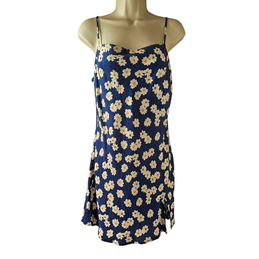Polly Floral Mini Summer Slip Dress Sz 6 Straps Blue White Poly Side Slit